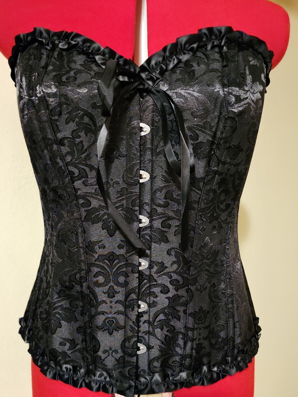 Corset Story Black Floral Damask Overbust Corset Satin Ruffle Trim NIB 18